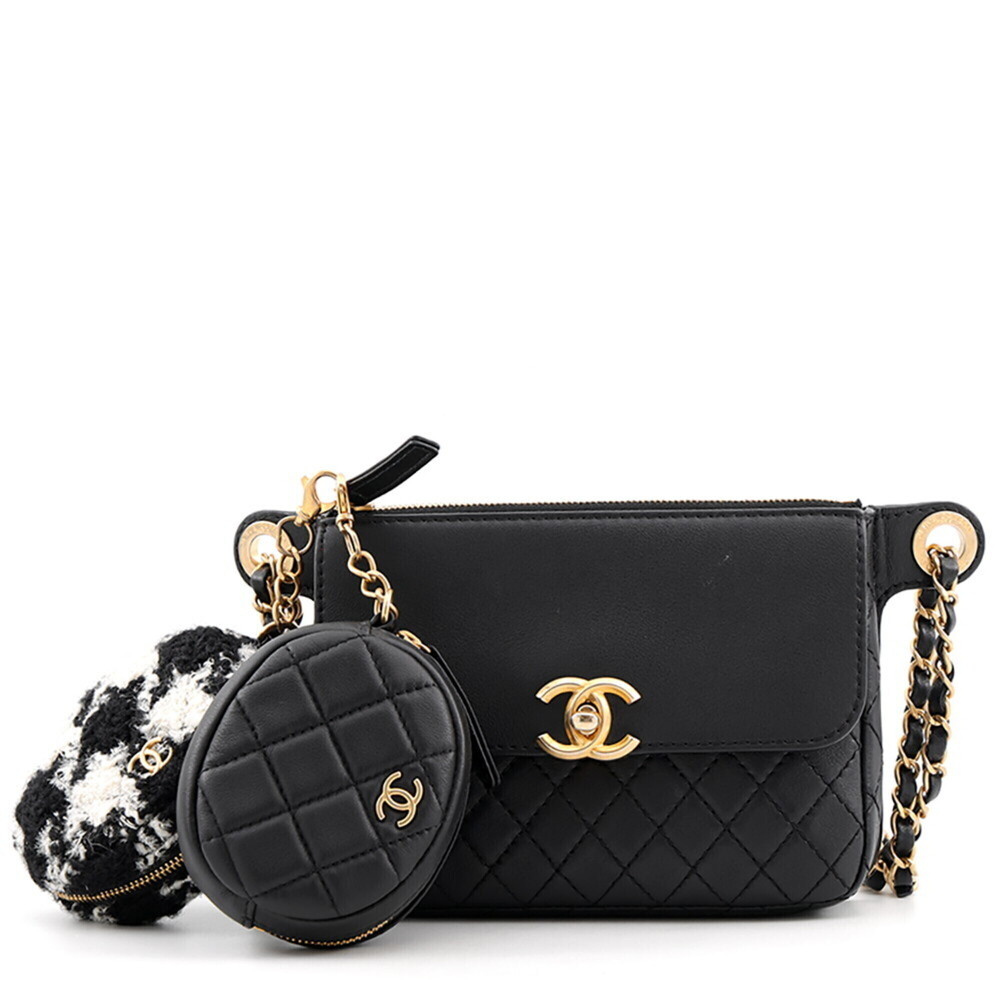 Chanel waist bag, Coco Mark, Matelassé leather tweed, CHANEL belt black, hand...
